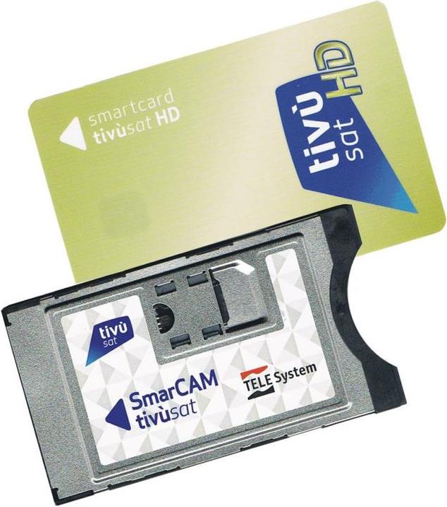 Actual product image TivuSat HD module with TivuSat smart card, various Italian channels (Nagravision, CI module, Smart card)