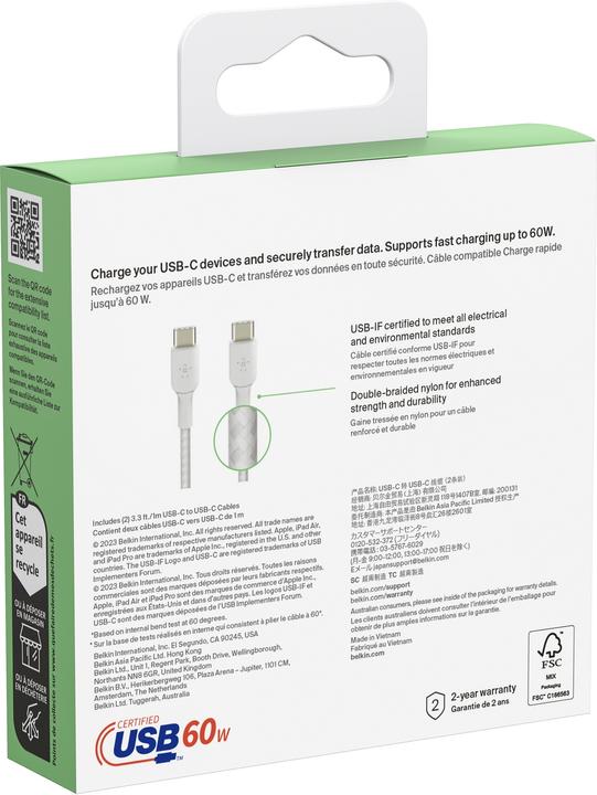 Image du produit Belkin USB-C vers USB-C Braided PVC 1m Twin Pack (1 m, USB 2.0)
