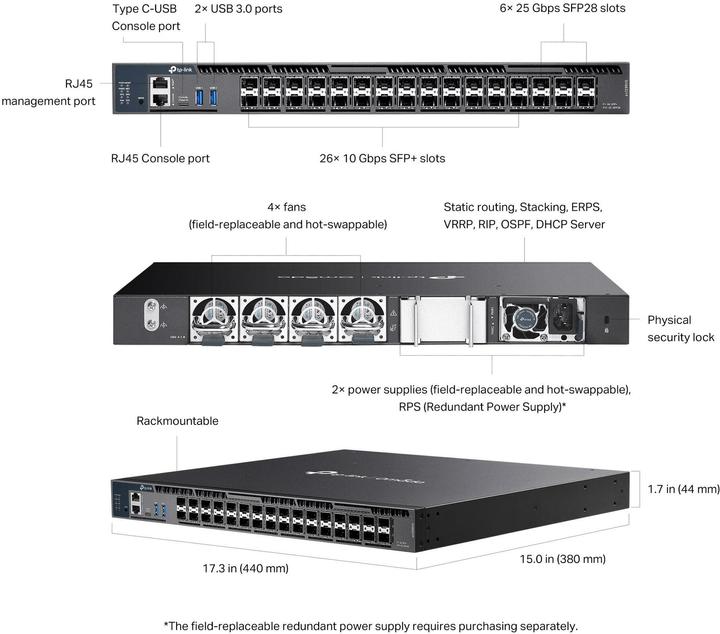 Produktbild TP-Link SX6632YF Omada 26-Port 10G stackable L3 managed Switch 26× 10G SFP+ 6× 25G SFP28 2x USB 3.0 (32 Ports)