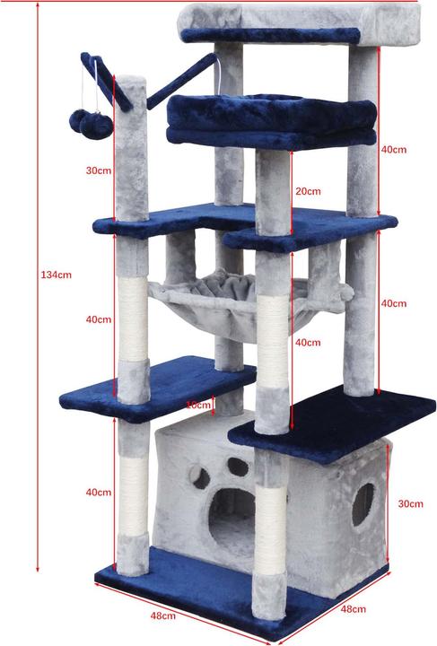 Produktbild Fudajo Kratzbaum Hellgrau/Blau 134cm Katzenkratzbaum Katzenbaum Katzenmöbel (134 cm, Hellgrau, Blau)