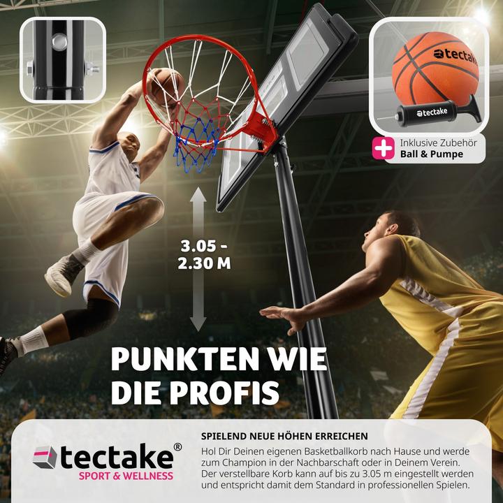 Produktbild tectake Basketballkorb Dirk, Korbhöhe 234 - 302 cm, mit Ball & Pumpe