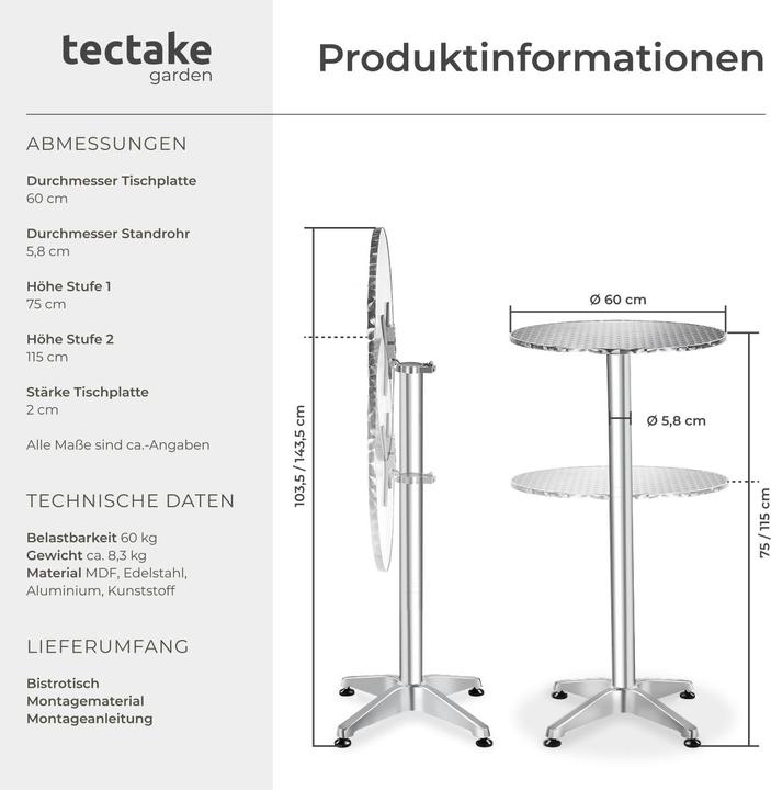 Produktbild tectake Bistrotisch (Ø 60 x 114 cm)