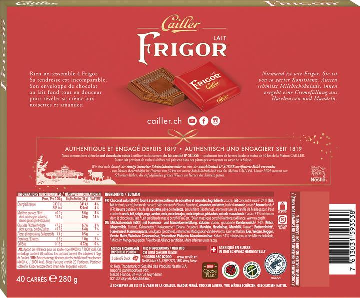 Image du produit Cailler Frigor Carrés Chocolat au Lait Fourré 40 pièces (280 g)