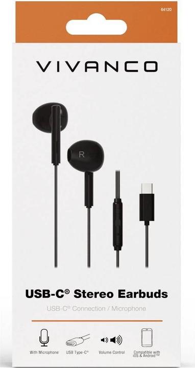 Actual product image Vivanco USB-C Capsule in-ear stereo headset, black, wired incl. remote control (Cable)