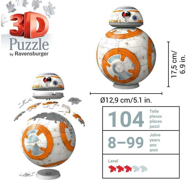 Image du produit Ravensburger Puzzle 3D 11578 - Star Wars BB8 - Druide astromécano des épisodes VII, VIII et IX comme (99 pièces)