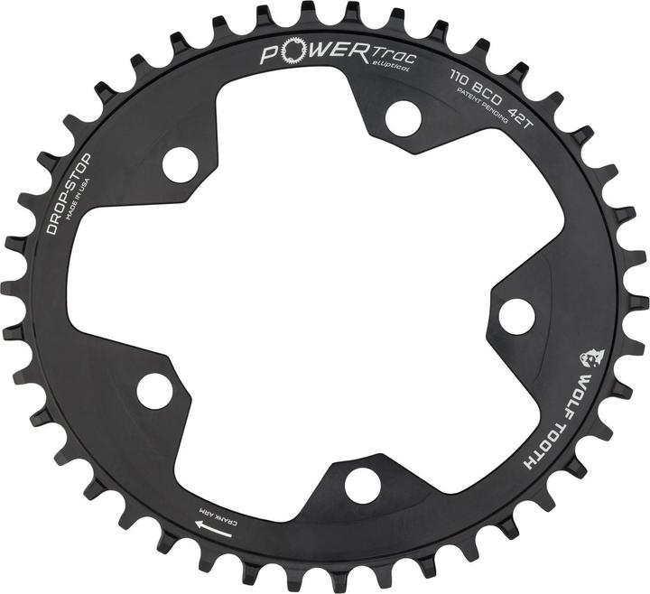 Actual product image Wolf Tooth PowerTrac Elliptical Gravel/CX/Road chainring, 110 BCD, 5-hole, 42 t., black (42)