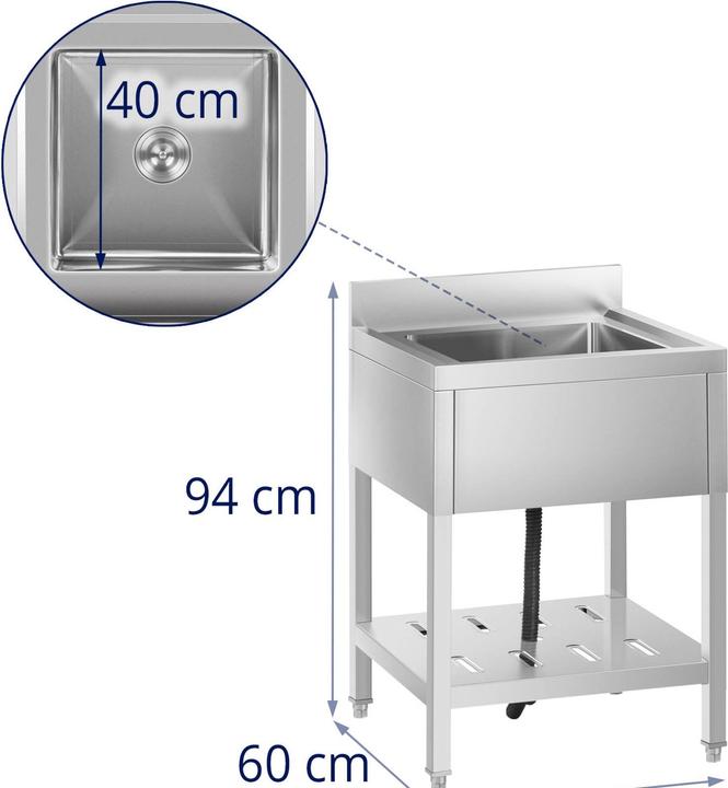 Produktbild Royal Catering Spültisch Spülbecken Edelstahlspüle Gastrospüle mit Regal Edelstahl 40x40x25,5cm (60 cm, 60 cm)