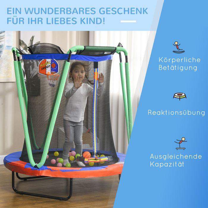 Produktbild Swisshandel24 Trampolin Kindertrampolin Sicherheitsnetz Ø140cm Basketballkorb Basketball 20 Bälle 3-10 Jahre Blau (140 cm)