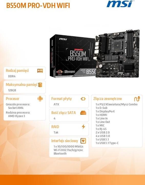 Immagine prodotto MSI B550M PRO-VDH WIFI (AM4, AMD B550, mATX)