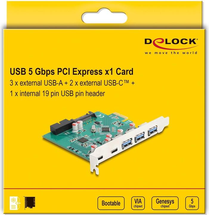 Actual product image Delock USB 5 Gbps PCIe x1 card to 3x external Type-A + 2x external USB Type-C socket and 1x internal 19 Pi