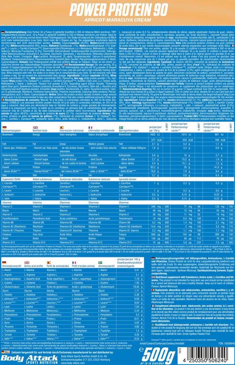 Nährwerte und Zutaten Body Attack New Power Protein 90 (500g Beutel) (Erdbeere, Weisse Schokolade, 1 Stk., 500 g)