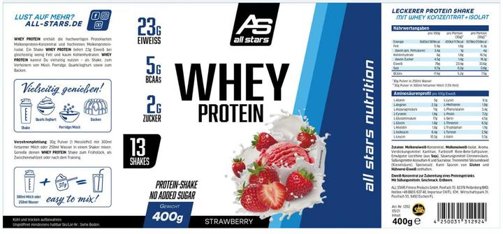 Nutritional values and ingredients All Stars 100% Whey Protein (Strawberry, 1 pcs., 400 g)