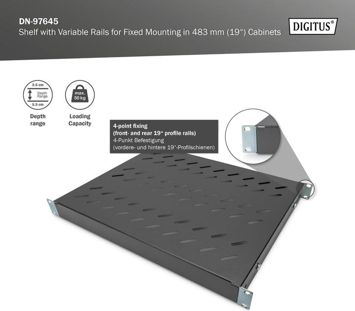 Actual product image Digitus 1U shelf for 48,3cm 19inch network cabinet RAL9005 black for 600mm deep...