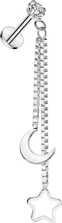 Produktbild Star Piercing Micro Labret Innengewinde silber Kristall silber gefasst Anhänger Kette Mond und Stern (Chirurgenstahl 316L)