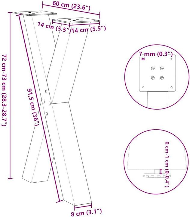 Produktbild VidaXL Esstischbeine X-Form 2 Stk. Schwarz 60x(72-73) cm Stahl Tischbein