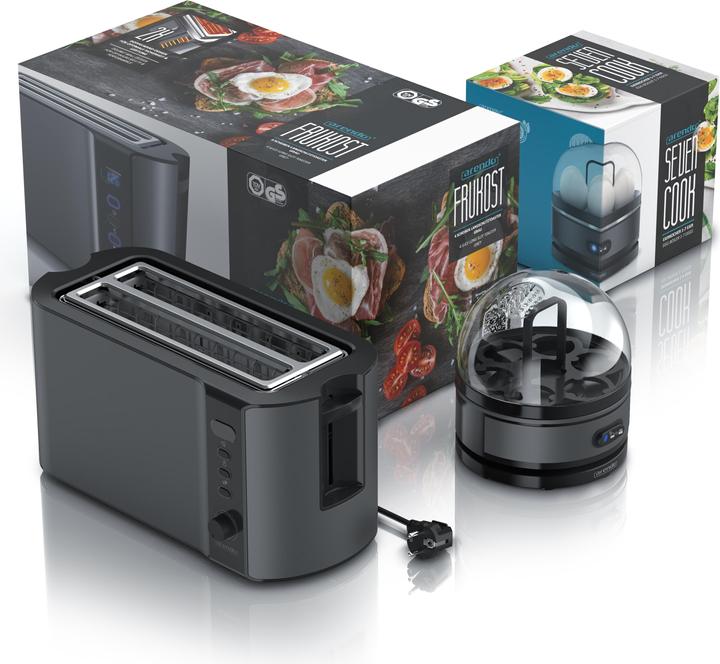 Produktbild Arendo Frühstücks Set, 4 Scheiben Langschlitz Toaster mit Brötchenaufsatz & Eierkocher für 7 Eier, Grau