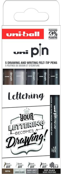 Image du produit Uni-ball Fineliner Uni Pin Lettering/Età5 (Sépia, Gris foncé, Gris clair, Noir, 5 x)
