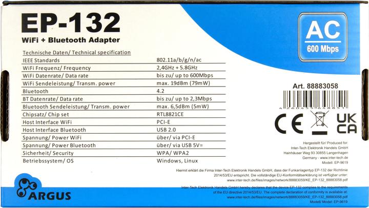 Nährwerte und Zutaten Intertech Wi-Fi 5 PCIe Adapter EP-132 Antenne,Bluetooth 4.2 (PCIe)