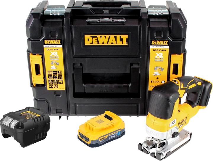 Actual product image DeWalt DCS 334 E1T Akku Pendelhub Stichsäge 18 V Brushless + 1x Powerstack Akku 1,7 Ah + Ladegerät