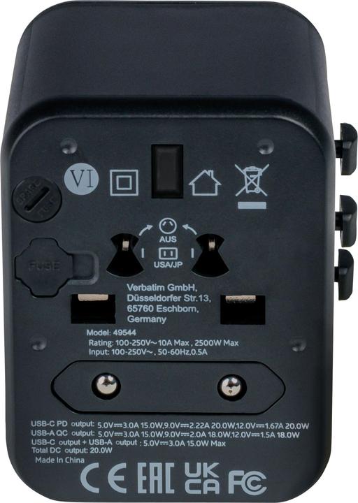 Produktbild Verbatim Universal Travel Adapter with 1 x USB-C PD 20W / 1 x USB-A QC 3.0