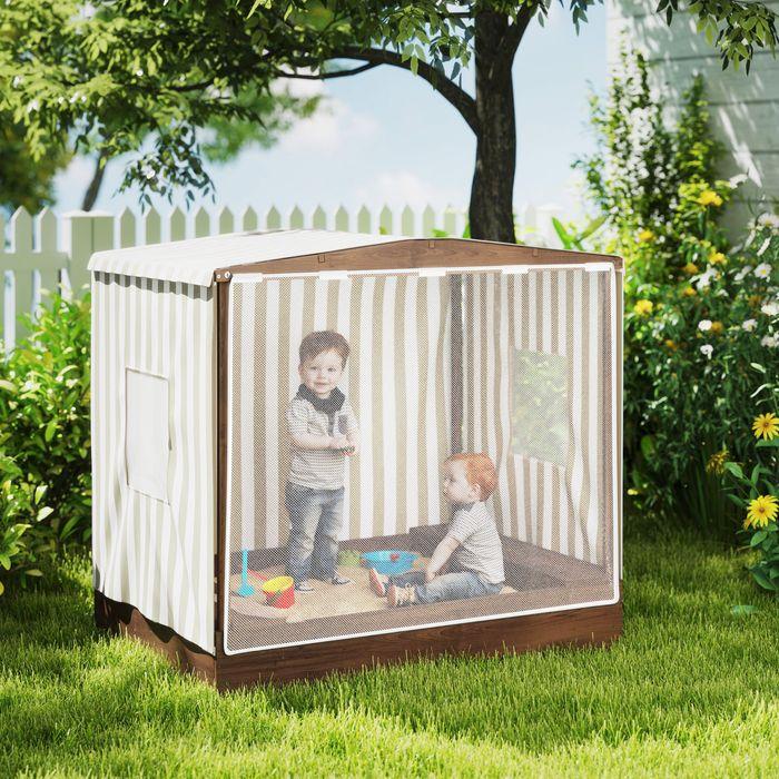 Produktbild Swisshandel24 Sandkasten mit Vordach und Netztür 142 x 101,5cm Sandkiste aus Holz mit Sitzbank