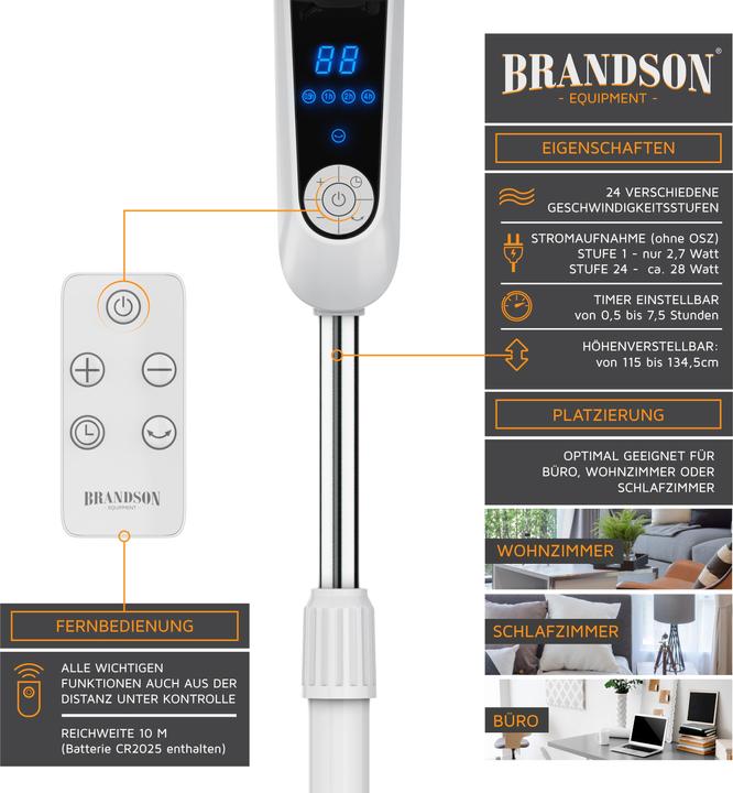 Produktbild Brandson Standventilator 45,5cm Ø, DC, leise, Fernbedienung, energiesparend, Oszillation, 25 Stufen, weiss (60 dB)