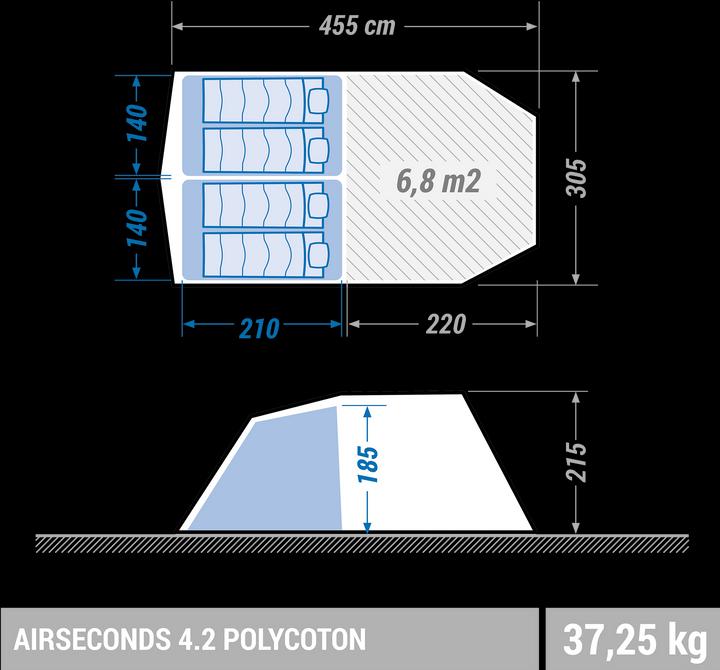 Image du produit Quechua AirSeconds 4.2 Polycoton (Tente tunnel, 37.25 kg, 4 personnes)