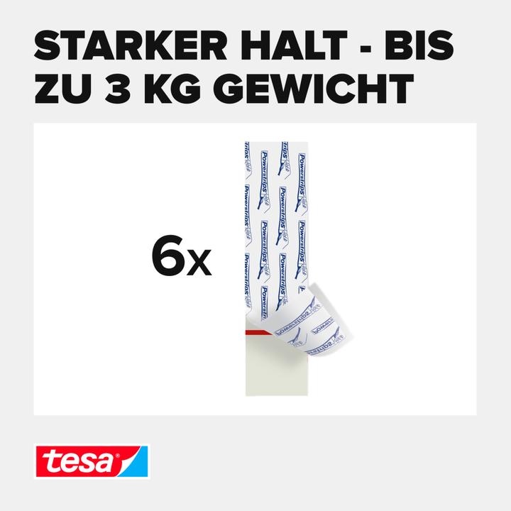 Produktbild tesa Powerstrips für Fliesen & Metall, 3kg Halteleistung, 6x doppelseitige Klebestreifen