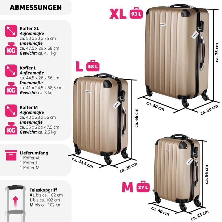 Actual product image tectake 3er Kofferset Talia mit Kofferwaage und Kofferanhänger (93 l, L (90 - 115l))
