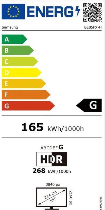 Energie-Label Samsung BE85FX-H Smart Signage TV 214,63 cm 84,5 Zoll (3840 x 2160 Pixel, 85")