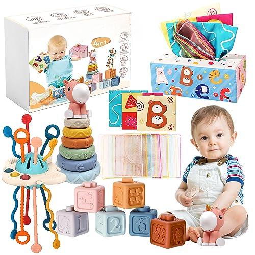 Produktbild Activity Board 4 in 1 Baby Spielzeug 6 Monate - 3 Jahre, Stapelturm, UFO Silikon Zugschnur Spielzeug