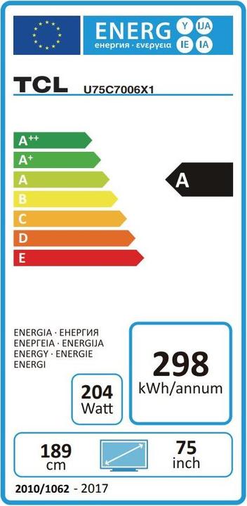 Etichetta energetica TCL U75C7006 (75", LCD, 4K, 2018)