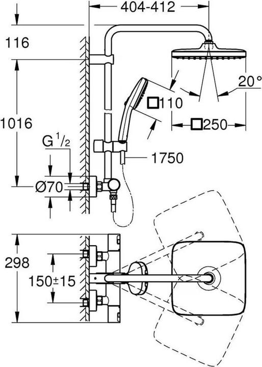 Actual product image Grohe Vitalio Comfort 250 Duschsystem mit Thermostatbatterie und Vitalio Comfort 110 Handbrause, inkl. Mon