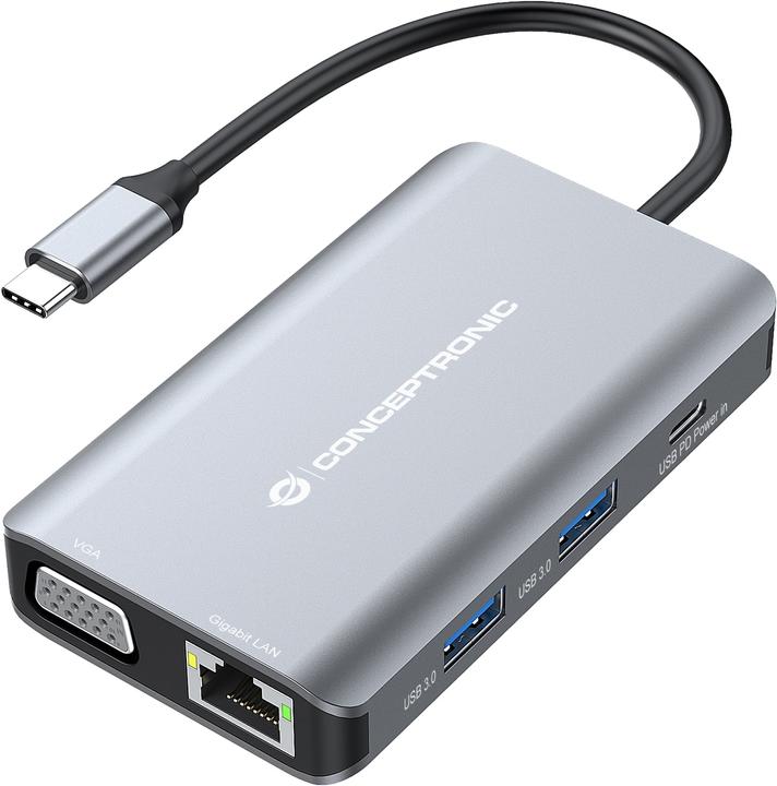 Produktbild Conceptronic Dock USB-C->HDMI,VGA,GbE,3xUSB3.0,100WPD 0.25m (USB-C, 6 Ports)