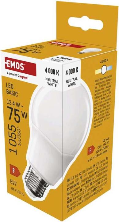 Image du produit Emos Lampe LED Basic A60 / E27 / 12,4 W (75 W) / 1055 lm / Blanc neutre (E27, 12.40 W, 1055 lm, 1 x, F)