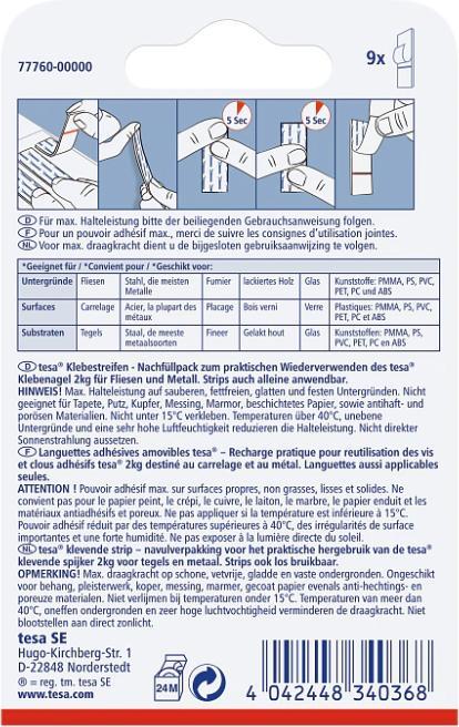 Produktbild tesa Powerstrips für Fliesen & Metall, 2kg Halteleistung, 9x doppelseitige Klebestreifen