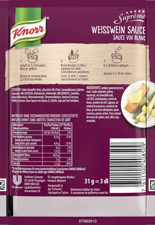 Image du produit Knorr Suprême sauce vin blanc et citron sachet, pour poisson, viande et légumes (35 g)