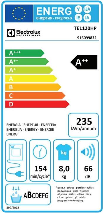 Label énergétique Electrolux Commerce SECTEUR DE LAVAGE CHAUFFAGEP. COMMERCIAL (TE1120HP ED) (8 kg, Gauche)