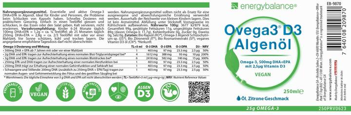Nährwerte und Zutaten Energybalance Ovega3 D3 Algenöl (1 Stück, Tropfen)