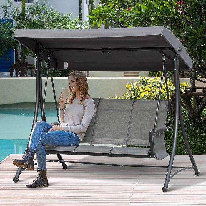 Produktbild Swisshandel24 3-Sitzer Hollywoodschaukel, Gartenschaukel mit Sonnendach, Schaukelbank mit Ablage, Aluminium, Grau