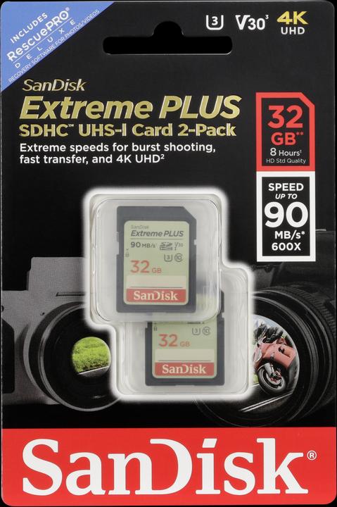 Actual product image SanDisk Extreme Plus 2-Pack 32GB 90MB/s. V30 (32 GB, SDHC, U3, UHS-I)