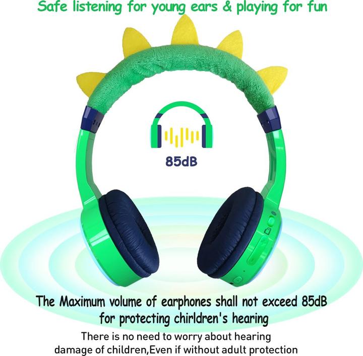 Image du produit PhoneLook Casque cool sans fil Bluetooth 5.3 pour enfants avec volume atténué 85dB et design amusant Dino