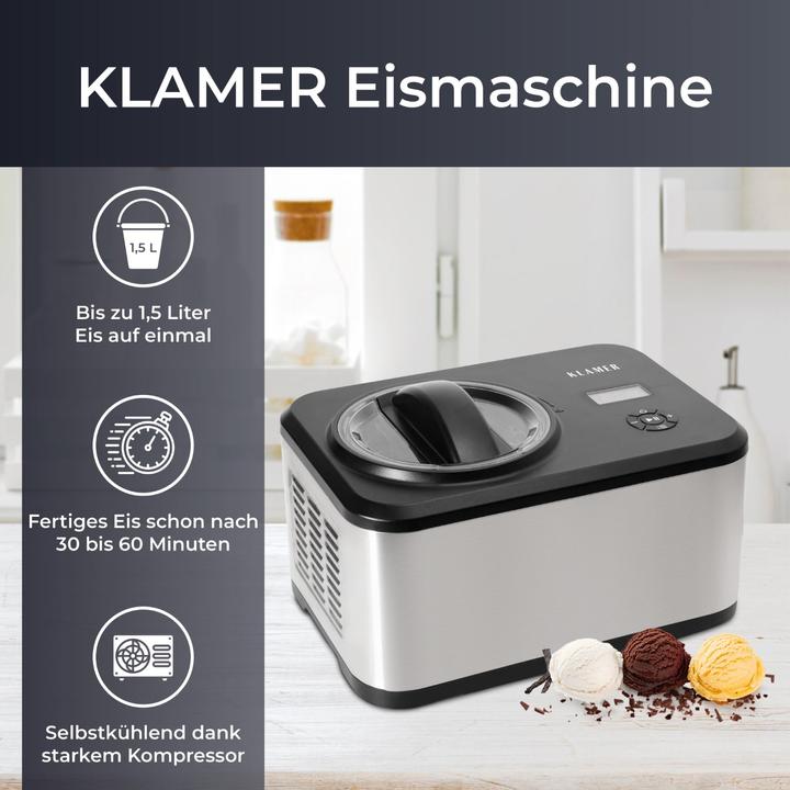 Actual product image KLAMER Eismaschine 1.5L, 120 W Eiscrememaschine aus Edelstahl
