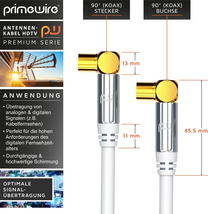 Immagine prodotto Primewire Cavo antenna 90° angolato | Cavo coassiale HDTV Premium 135dB / 75 Ohm | FullHD / 4k Ultra HD (85 dB, Cavi antenna)