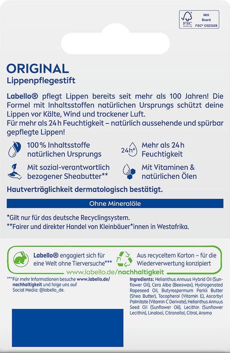 Valeurs nutritives et ingrédients Labello Original avec blister (Sticks de soin, 5.50 ml)