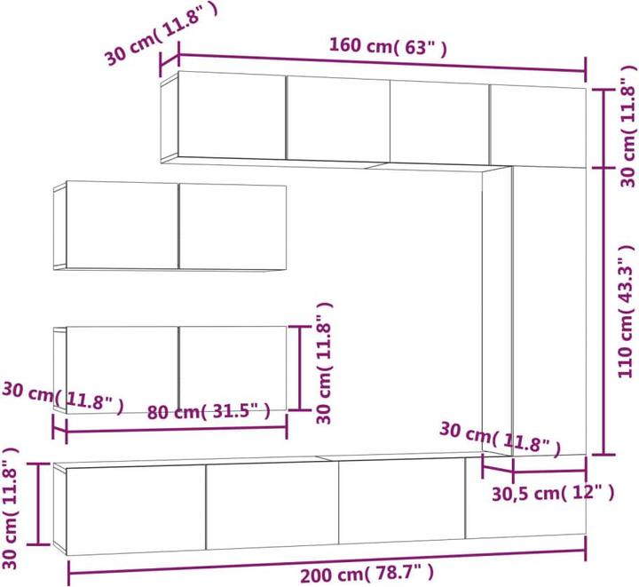 Produktbild VidaXL 7-tlg. TV-Schrank-Set Grau Sonoma Holzwerkstoff,Farbe: Grau (30 x 30 x 30 cm)