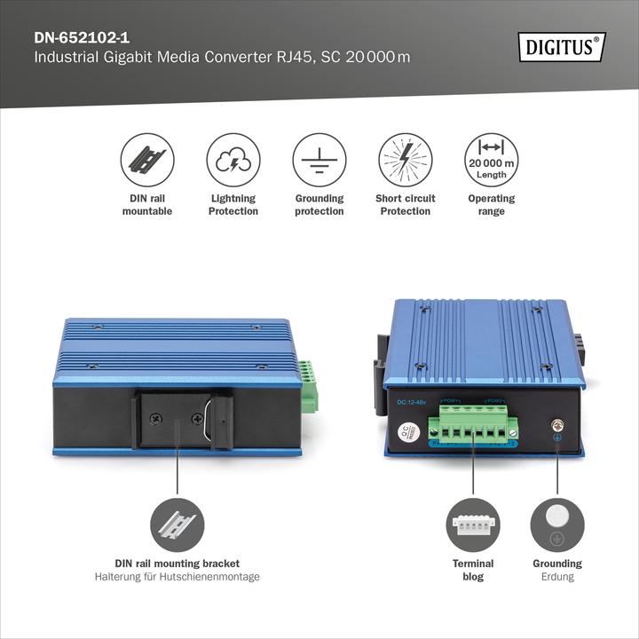 Immagine prodotto Digitus Industrial Gigabit Media Converter RJ45, SC 20 km
