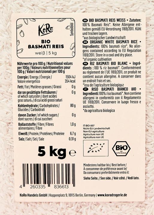 Nährwerte und Zutaten KoRo Bio Basmati Reis weiss (5000 g)