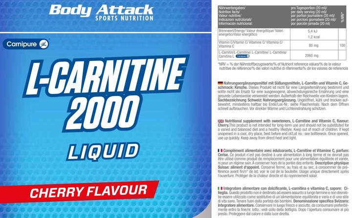 Valeurs nutritives et ingrédients Body Attack L-Carnitine liquide (1000 ml) (1 pièce(s), Liquide)