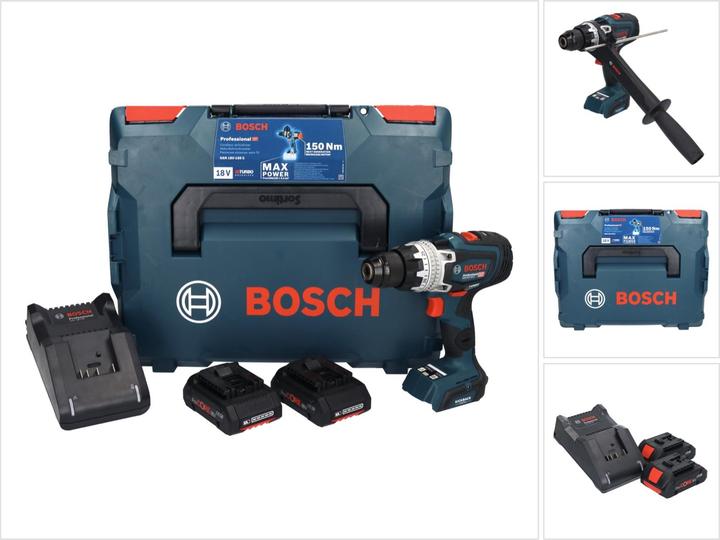 1x Bosch GSR 18V-150 C Professional Akku Bohrschrauber, 2x Bosch GBA 18 V 4,0 Ah  ProCORE Einschub Akku ( 1600A016GB ), 1x Bosch GAL 18V-40 Ladegerät ( 1600A019RJ ), 1x L-Boxx